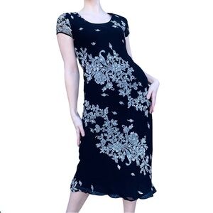 Vintage 90s Floral Appliqué Sequin Embellished Short Sleeve Mid Dress 6